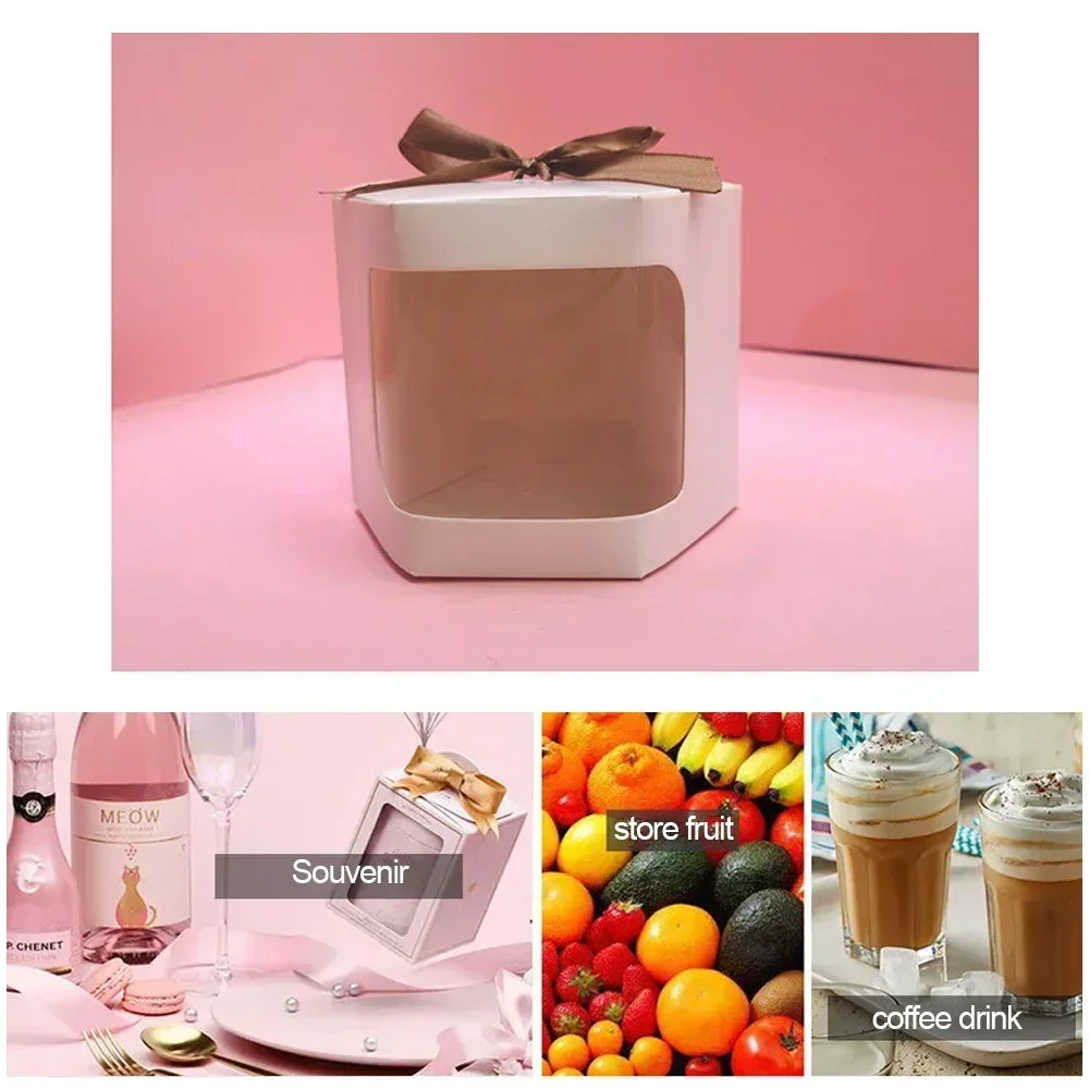 10pcs Hexagon Cake Box Packaging Paper Bags Candy Boxes Birthday Gift Box with Clear PVC Window Presents Flowers Sweets Packge