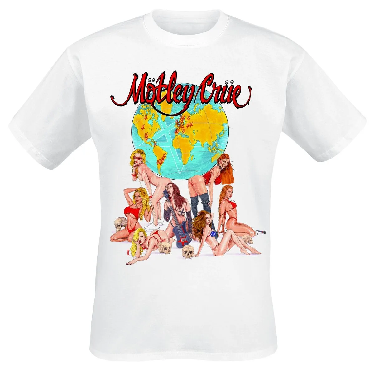 Mötley Crüe World Girls Tee, Glam Rock T-Shirt with Pin-Up Girls & Globe Print, Band Fan Merch