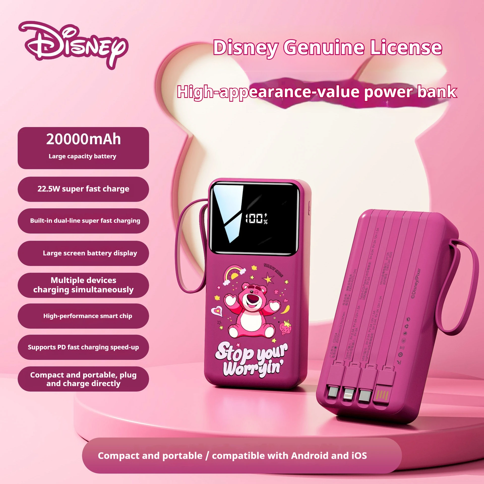 بنك طاقة ديزني بسعة كبيرة 20000 مللي أمبير في الساعة مع شحن سريع ثنائي الاتجاه وكابل مدمج وبنك طاقة متنقل محمول مدمج #1