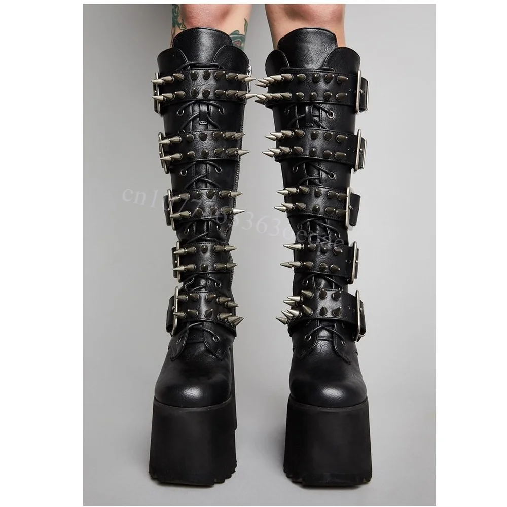 Buckle Decor Matte Leather Boots Knee High Platform Shoes for Women Fashion Rivet Decor Punk Style Shoe 2024 Zapatos Para Mujere