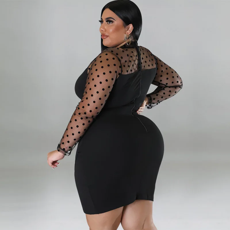 Plus Size Sexy Party Dress Female Dot Mesh See Through Cloth Evening Luxury Mini Outfit 2024 Spring Elegant Pretty Women Dress