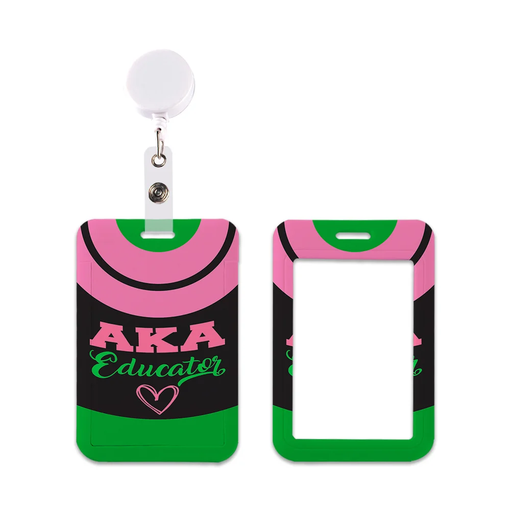 Sorority AKA Card Holder Neck Strap Glitter Acrylic Reel Clip Sliding Closure Holder Exquisite Badge Office Employee Badge