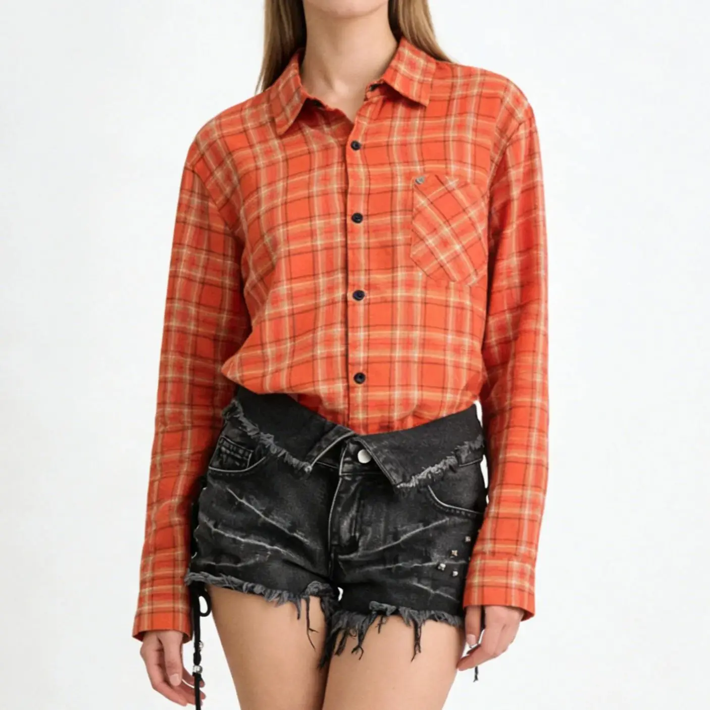 

Women's Orange Collared Long Sleeve Casual Shirt Y2K French Street Style Retro Top Fashionable Office Attire High Street Aesthet