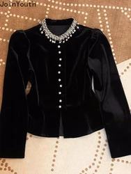 Blouses for Women Black Heavy Beading O-neck Puff Sleeve Shirts 2024 Blusas Mujer De Moda Slim Fit Velvet Vintage Blouse Tops