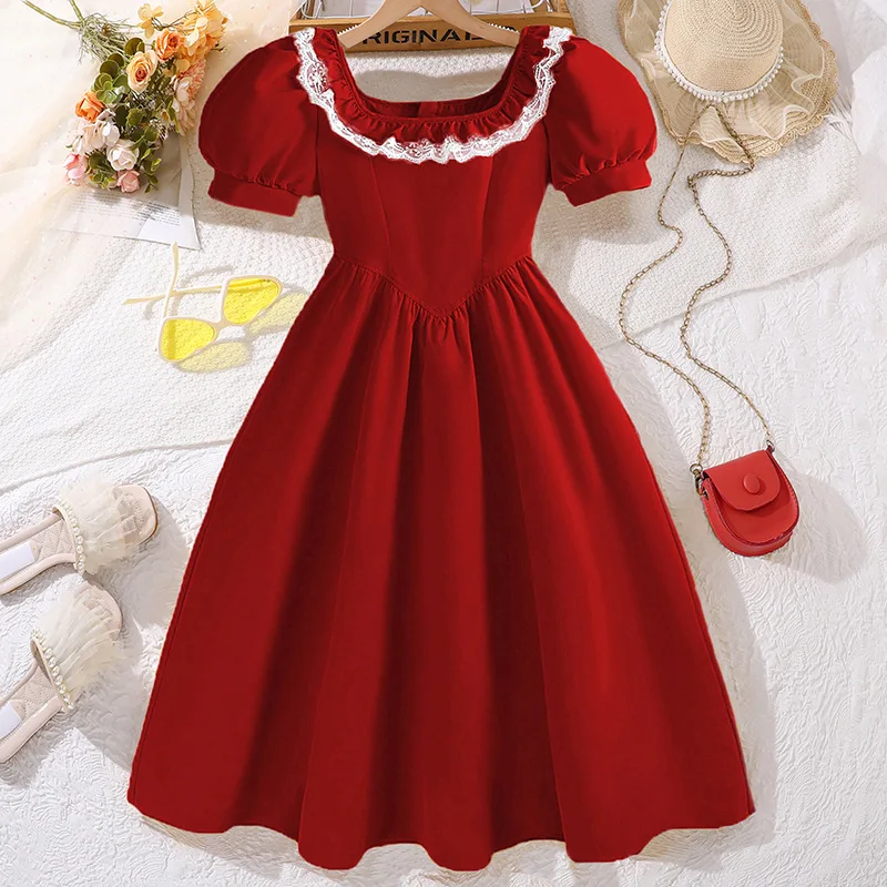 2024 Summer New Arrival Girls Short Puff Sleeve Lace Red Dress Roupa Infantil Menina Cute Party Dress Custume 8-12T