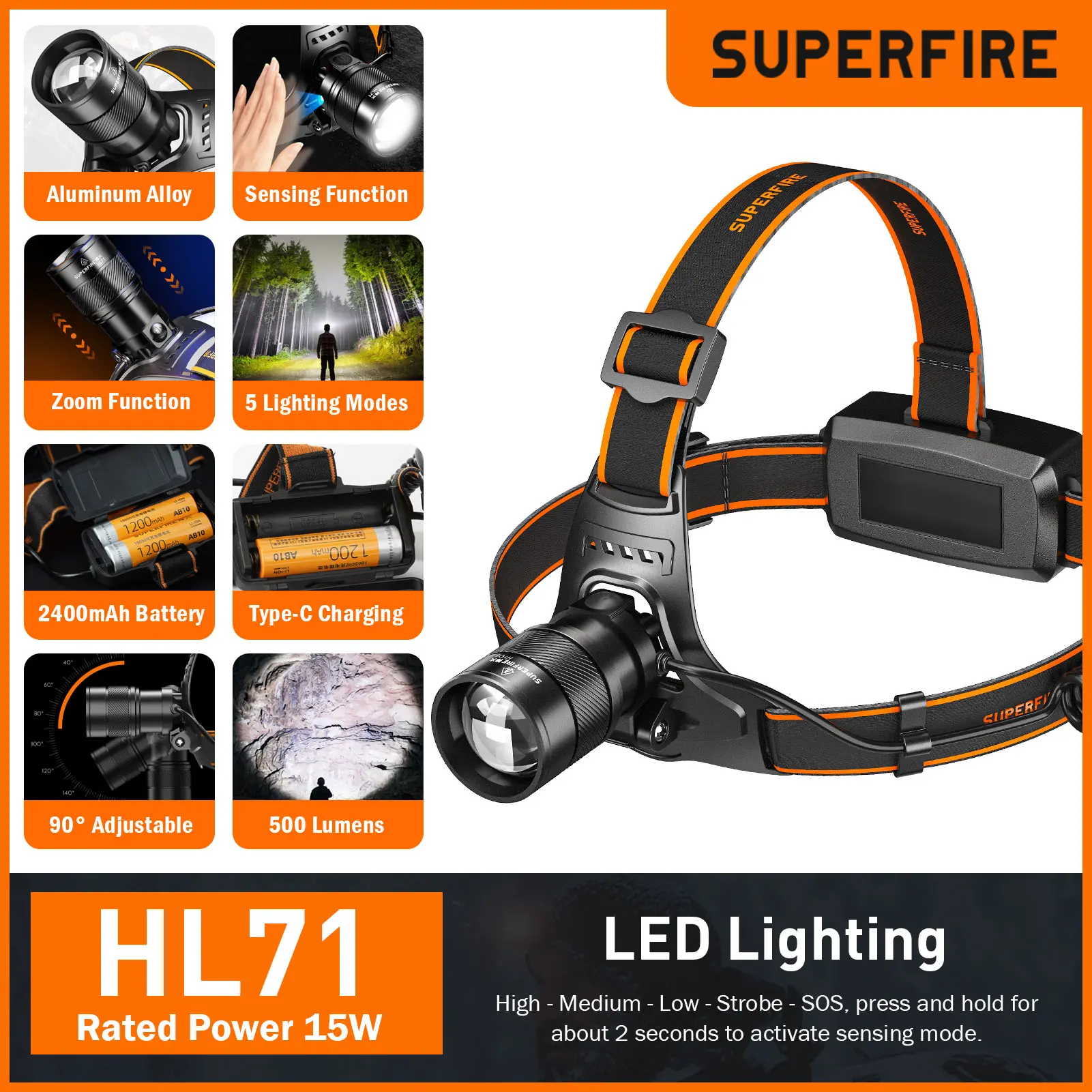 SUPERFIRE LED Headlamp Fishing Headlight Zoomable With Sensor Waterproof Super Bright Camping Light Power Large Capacity Battery