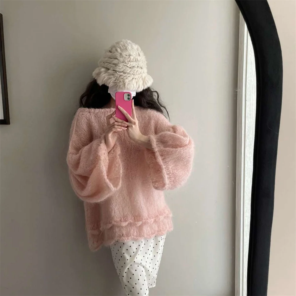 Eleganckie swetry damskie w stylu francuskim, różowe, vintage, dzianinowe, damskie, na jesień i zimę 2025, codzienne, słodkie swetry.