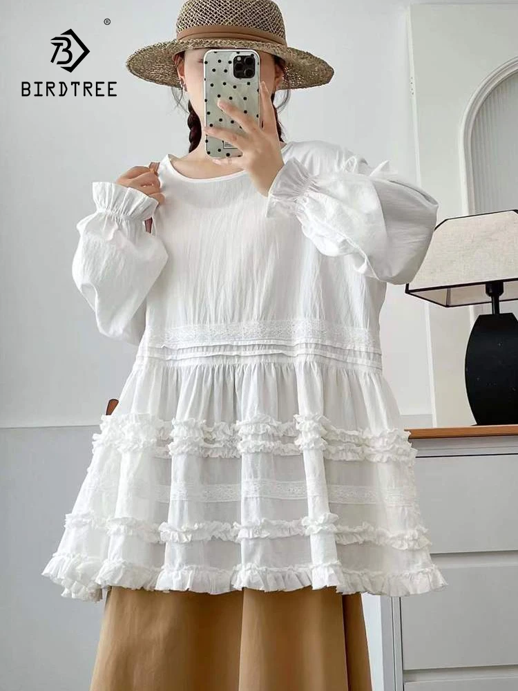 

New 2025 Autumn Cotton Long Sleeve Shirt, Women O Neck Ruffles Patchwork, Mori Girl French Age Reduction Loose Blouse T59247CC