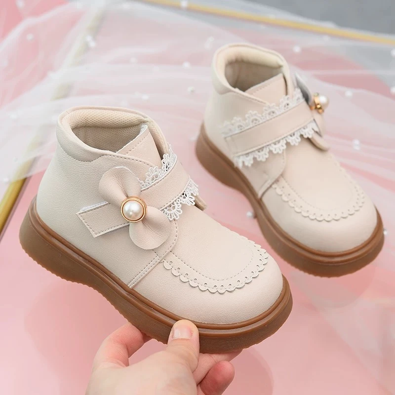 

Ботильоны для девочек Sweet Bowknot Pearl Decor - Кружевная обувь принцессы с отделкой для детей Зимняя обувь для девочек Botas Para Niñas