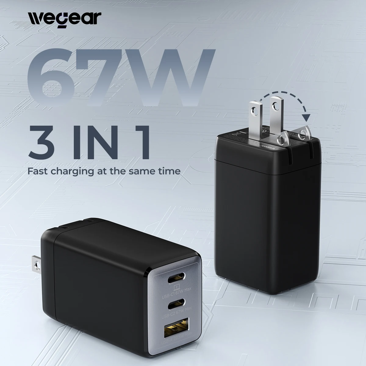 wegear 67W USB C charger 3-Port GaN Fast Compact Foldable for iPhone 17/16 Series for Galaxy for iPad Compatible with MagSafe