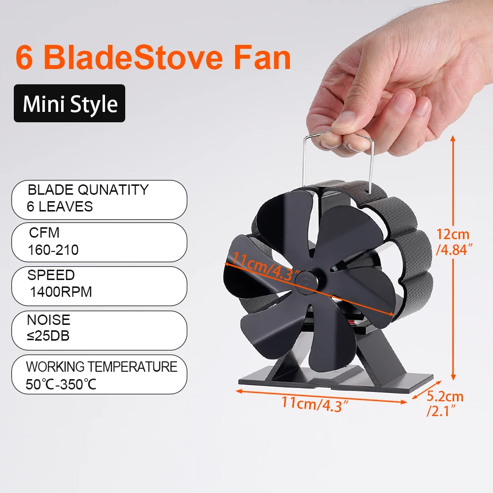 6 Blades Heat Powered Stove Fan Black Fireplace komin Log Wood Burner Eco Friendly Quiet Fan Home Efficient Heat Distribution