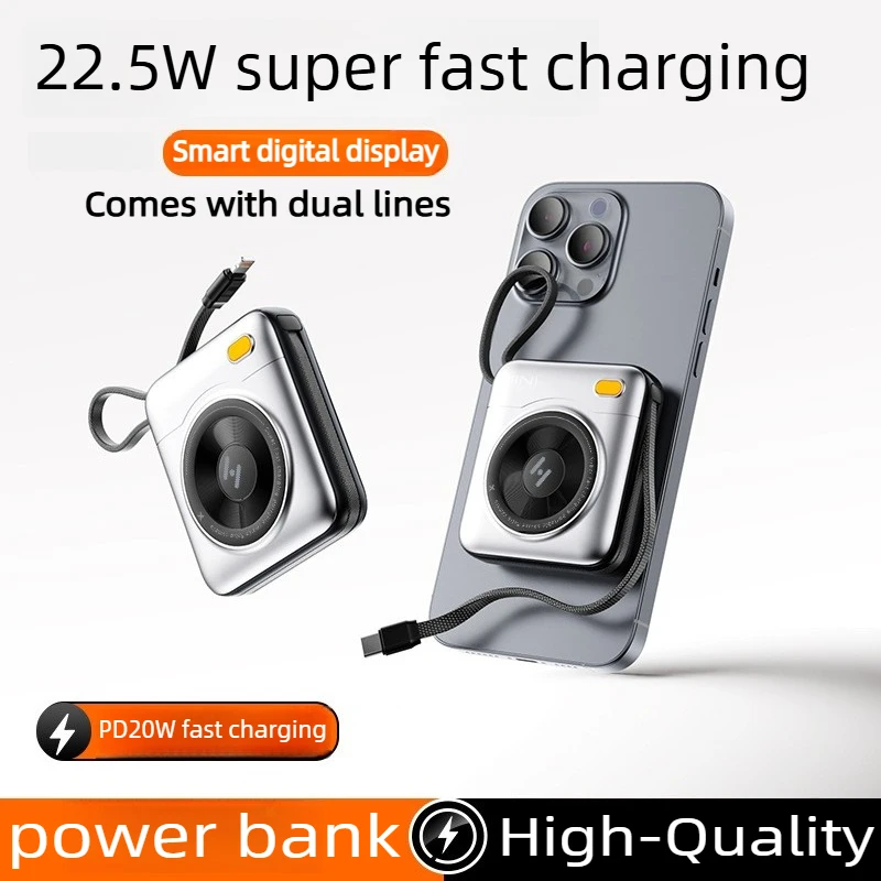 New PD22.5W 20000mAh Mini Power Bank Ultra-thin Compact Portable Fast Charging Power Supply with Built-in Cable