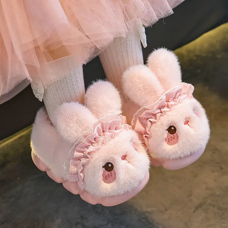 Children's Winter Furry Indoor Slippers with Rabbit Design Comfortable Warm Support for Kids Home Use