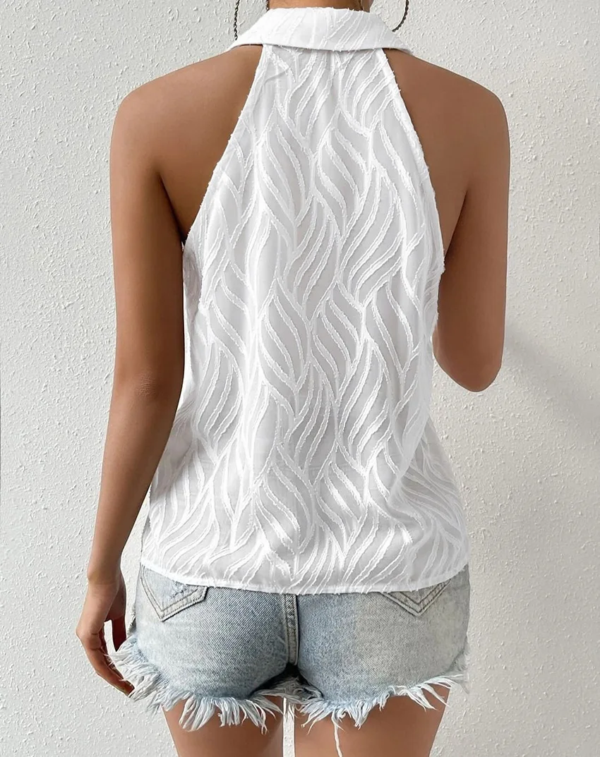 YAMIKO-Tops femininos de colete jacquard branco tecer, lapela, sem mangas, botão, verão, senhoras do escritório, camisas finas, top feminino, 2024