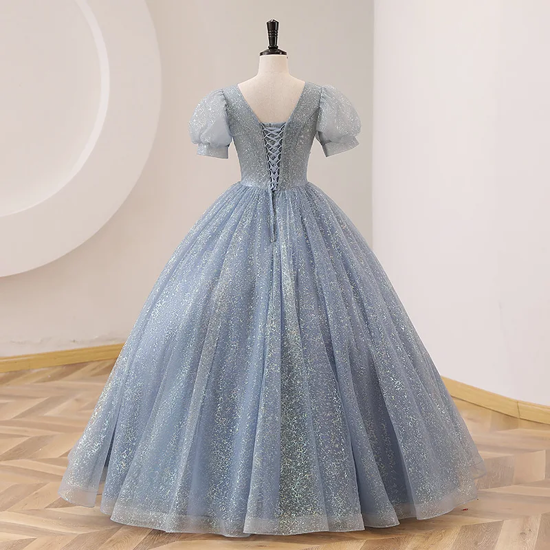 Vestidos de Quinceañera de graduación con lentejuelas azules brillantes, cuello en V, mangas cortas abullonadas, corsé en la espalda, 15 y 16 vestidos de cumpleaños para niñas 2022