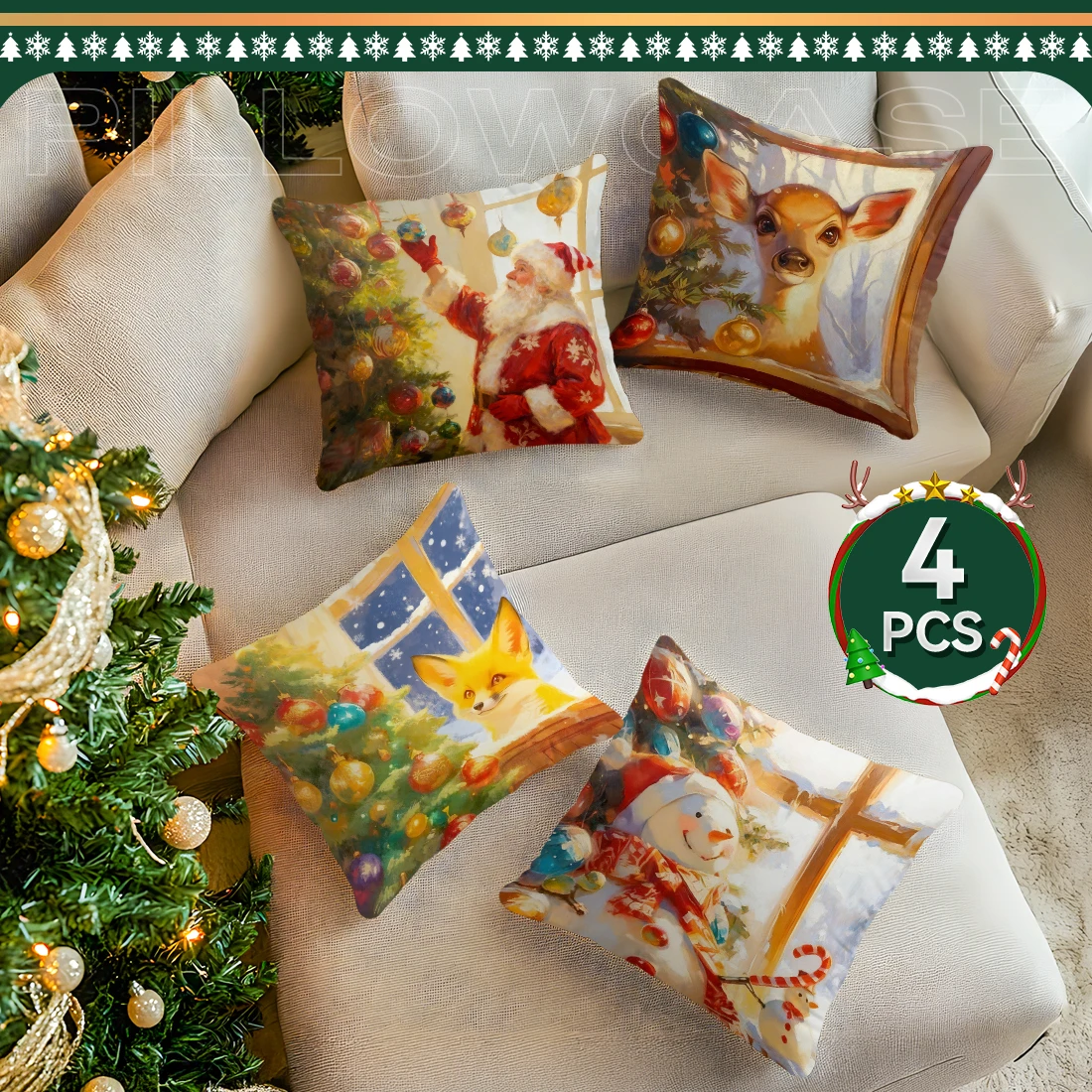 Christmas Theme Cushion Pillowcase Printed Polyester 40/45/50cm Throw Pillowcover Decor Sofa Cushion Pillowslip Home Decor
