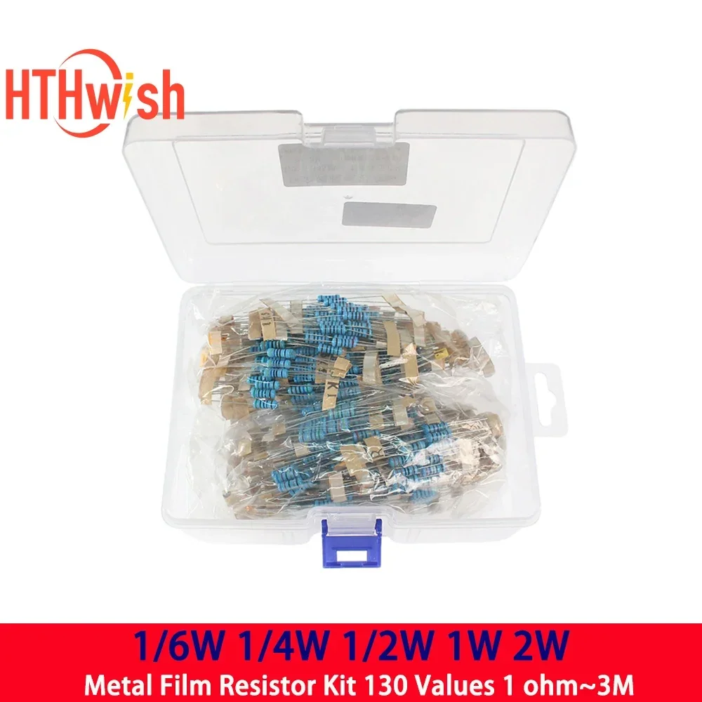

650/1300/2600pcs 1/6W 1/4W 1/2W 1W 2W Metal Film Resistor Assorted Kit 130 Values 1 ohm~3M Resistance 1% resistors kit