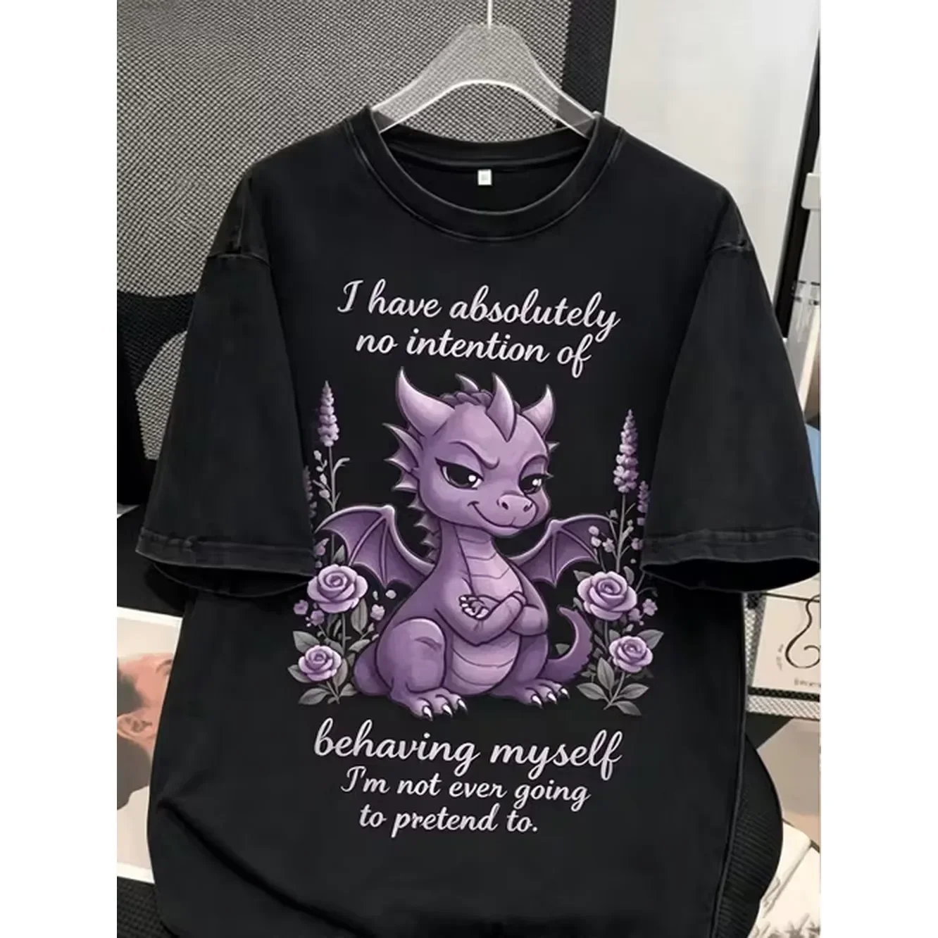 Plus Size Dragon Humor Tee Womens Plus Size Shirt With Floral Aura Women Short Sleeve Round Neck T Shirt Loose Fit Machine Washable Local Warehouse