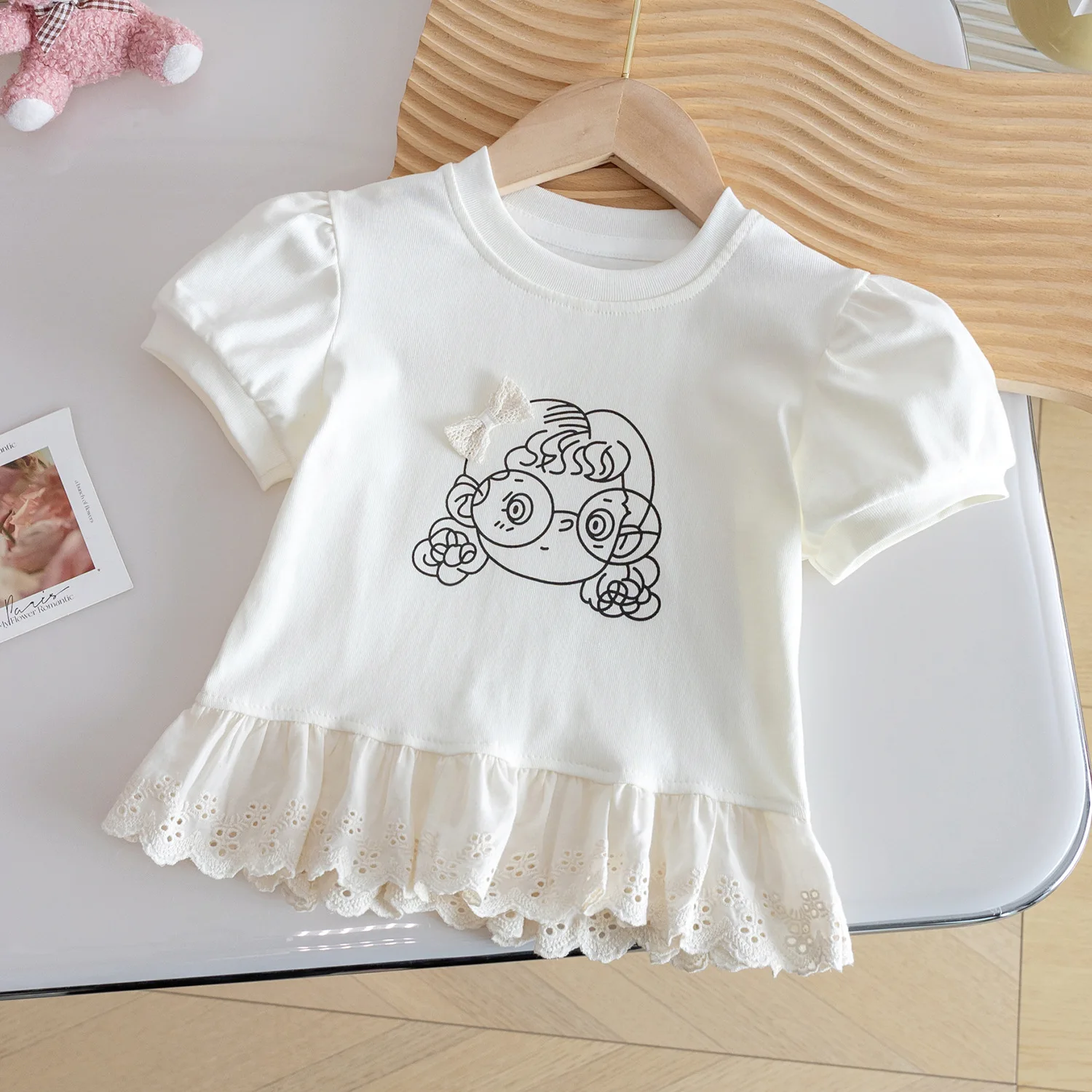 Sweet Baby Girls Ruffle Lace Patchwork T-Shirts Short Puff Sleeve Cartoon Print Bow Tees 2025 Summer Casual Tops