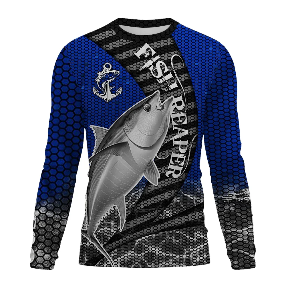Outdoor Angling Men Long Sleeve T‑Shirt Bass Fish Scale Pattern Print Breathable Fishing Sports Crew Neck Tee Shirts