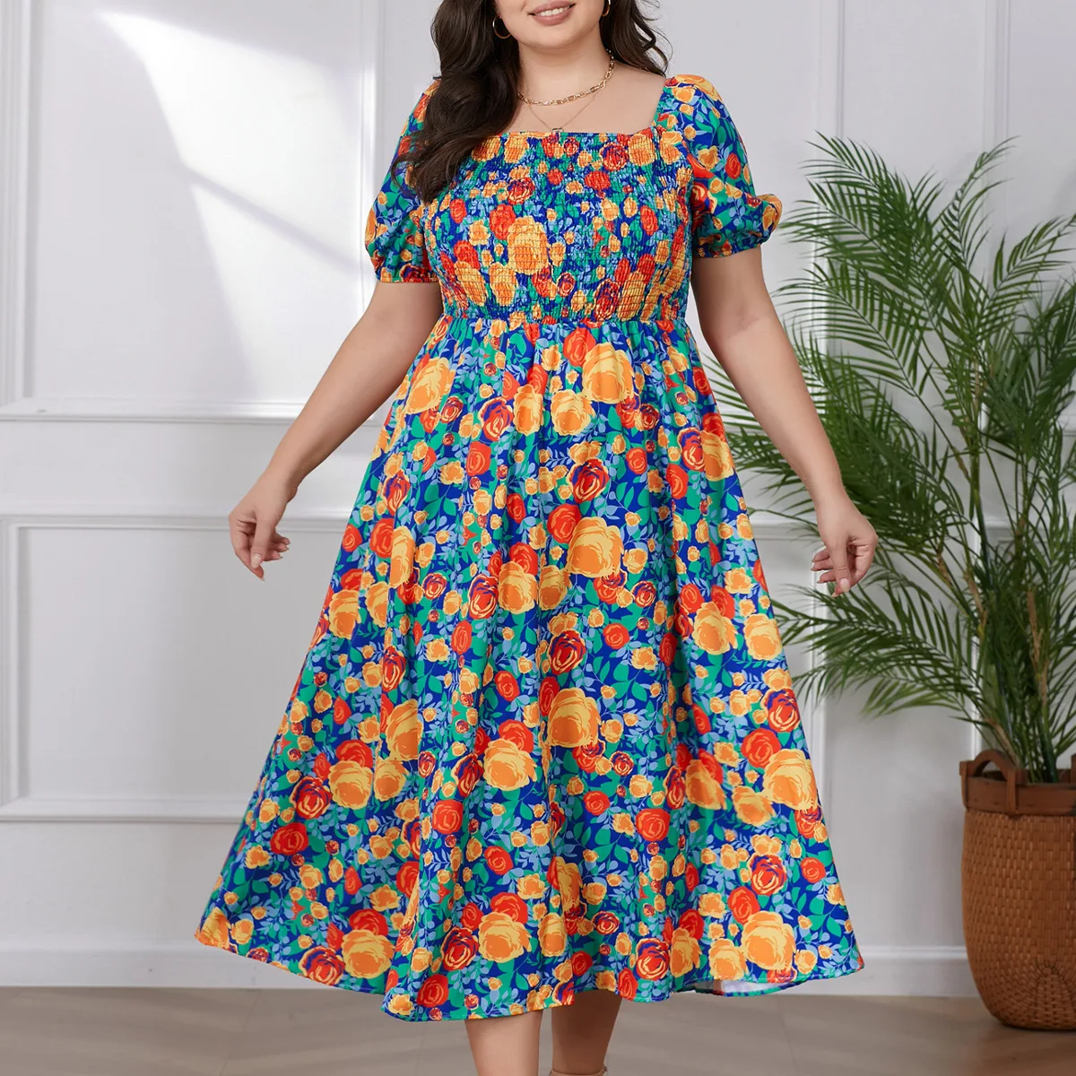 

Plus Size Bohemian Print Short Sleeve Dress drag queen costumes ballroom dance dress women competition