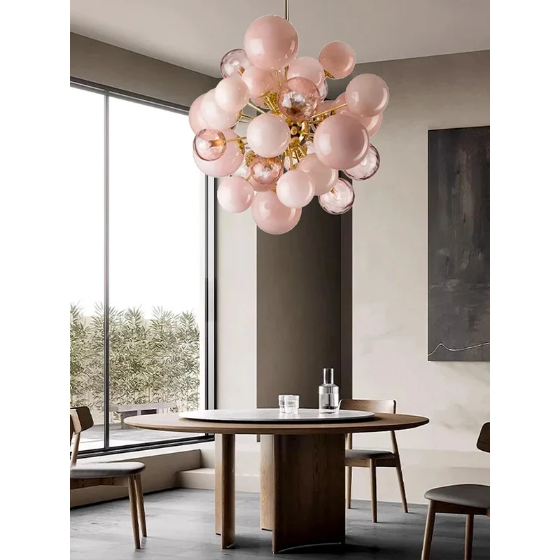 

New Art Deco Pink Bubbles Glass Chandeliers Light Lobby Modern Designer Hanging Light For Ceiling Trendy Home Pendant Lamp