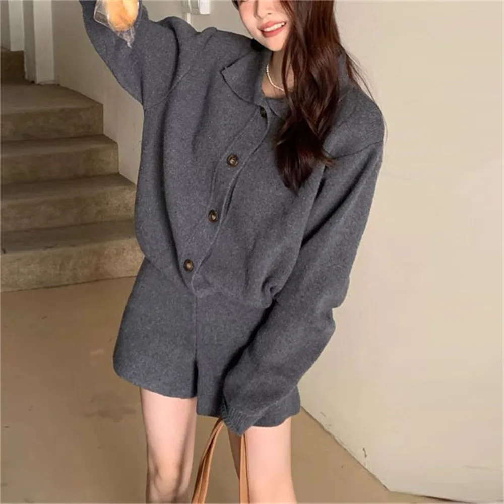 

Pant Set Women Two Piece Sets Turn Down Collar Full Sleeve Tops Knit Short Pants Elastic Waist Y2k Streetwear Spring 2026