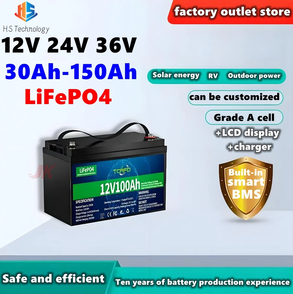 

Built in smart BMS 12V 100AH 120Ah 150Ah 24V 36V 40Ah 50AH 60Ah 80Ah LiFePO4 lithium battery rechargeable deep cycle batteries