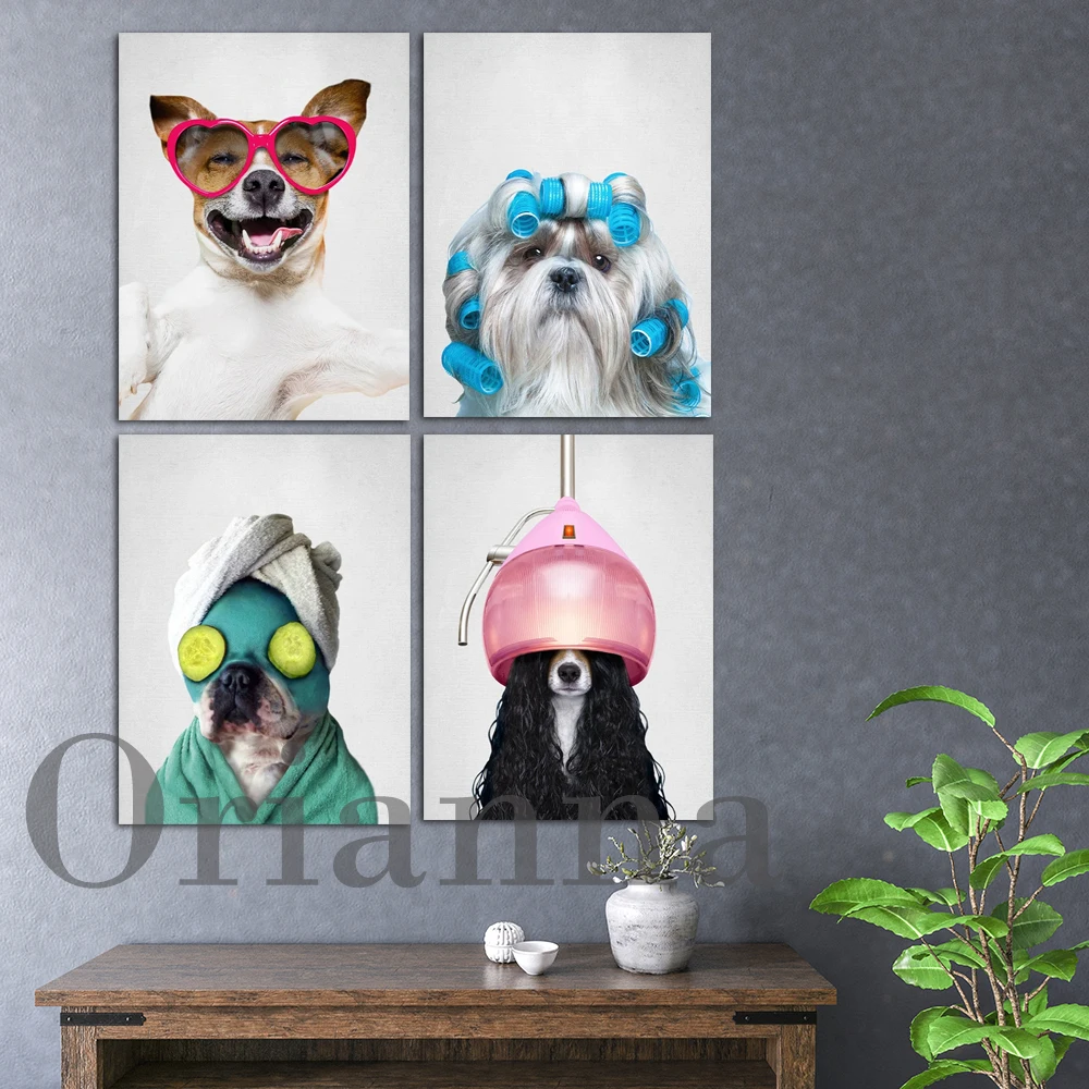 

Happy Lovely Bulldog Spa Dog Beauty Salon Animal Black White Color Wall Art Posters Prints Home Living Room Decor Painting Gift