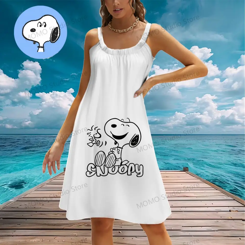 Kawaii Snoopy Damskie Sukienki Plażowe Y2k Chusta Lato 2024 S-3XL Boho Nowa Sukienka O Szyja Moda Eleganckie Seksowne Młode Dziewczyny