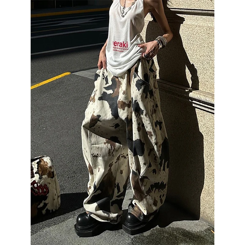

Women's Y2k Cow Pattern Cargo Jeans Harajuku Bent Knife Pants Japanese 2000s Style Vintage Oversize Hip Hop Trousers Clothes