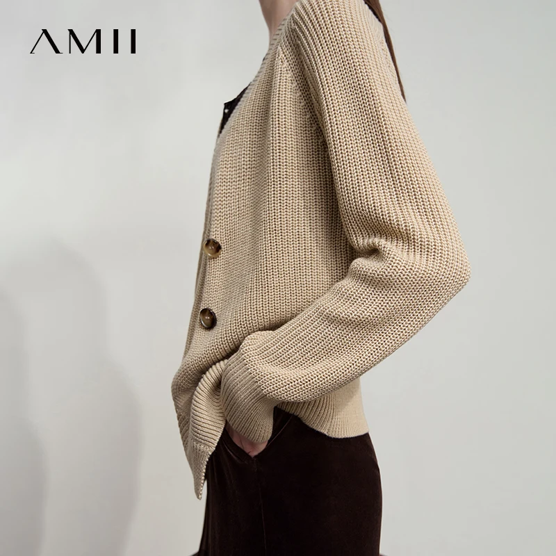 AMII Minimalistyczny Elegancki Damski Kardigan Jesień 2025 Francuski Dekolt w Serek Raglan Asymetryczne Luźne Codzienne Kardigany Dzianinowe 12523010
