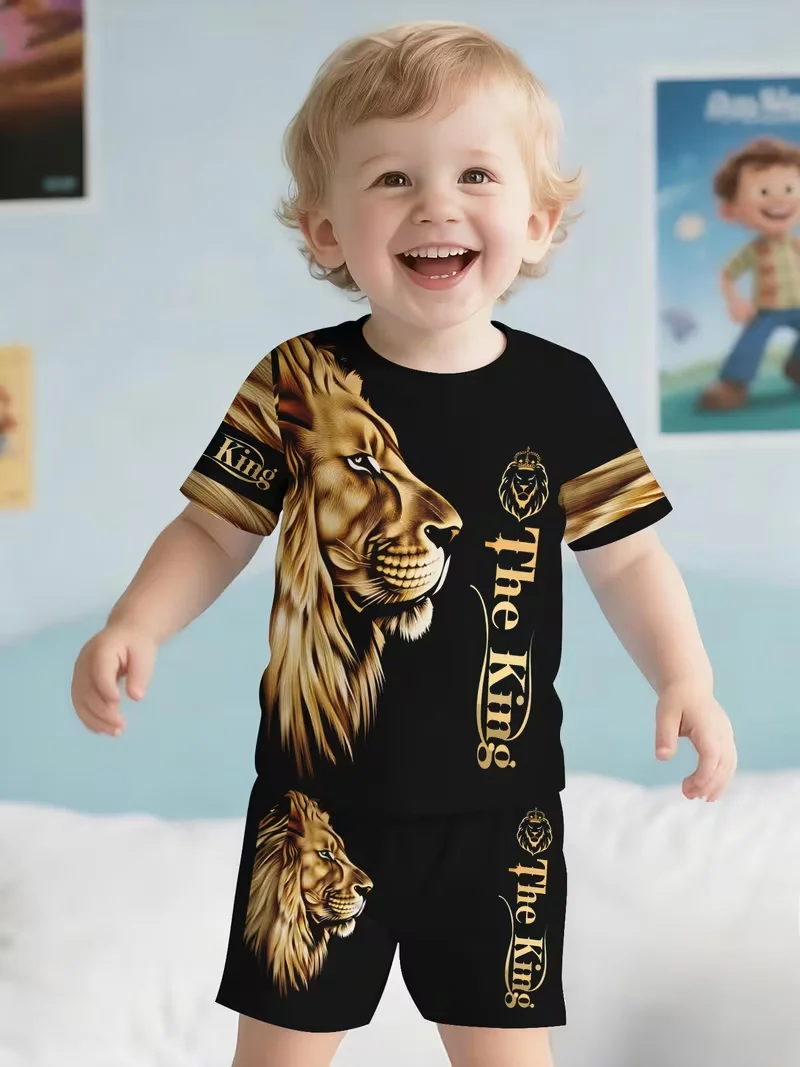 Boys 2Pcs Summer Outfit Lion Print Short Sleeve T-Shirt + Shorts Set Casual Sportswear Kids Streetwear Tracksuit