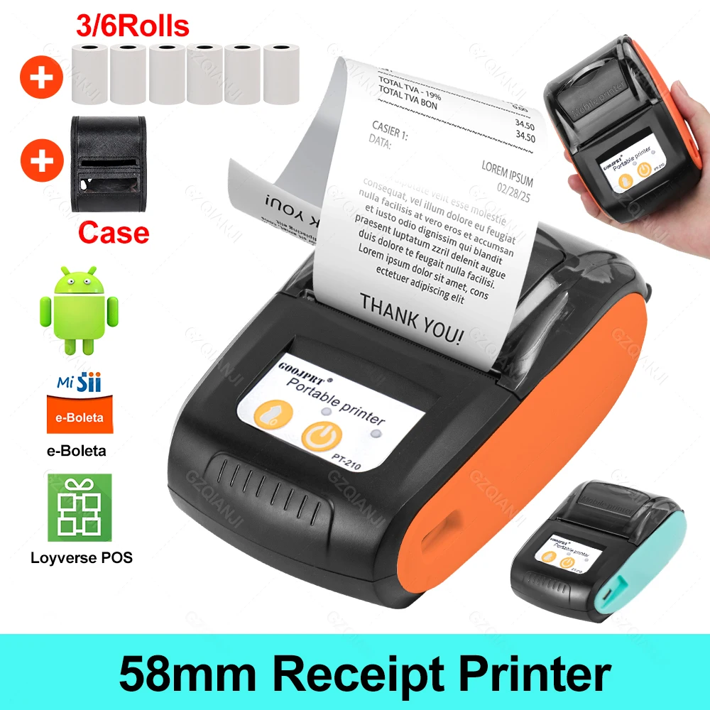 GOOJPRT 58mm 2'' Inch Mini Portable Thermal Printer Wireless PT-210 Receipt POS Printer Bluetooth for Windows Android iOS