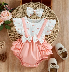 Summer Newborn Baby Girl Valentines Day Outfit Heart Printed Ruffle romper Short Sleeve Bodysuit Bow Headband Clothes