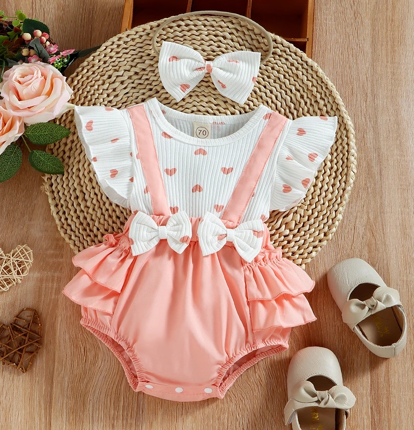 Summer Newborn Baby Girl Valentines Day Outfit Heart Printed Ruffle romper Short Sleeve Bodysuit Bow Headband Clothes
