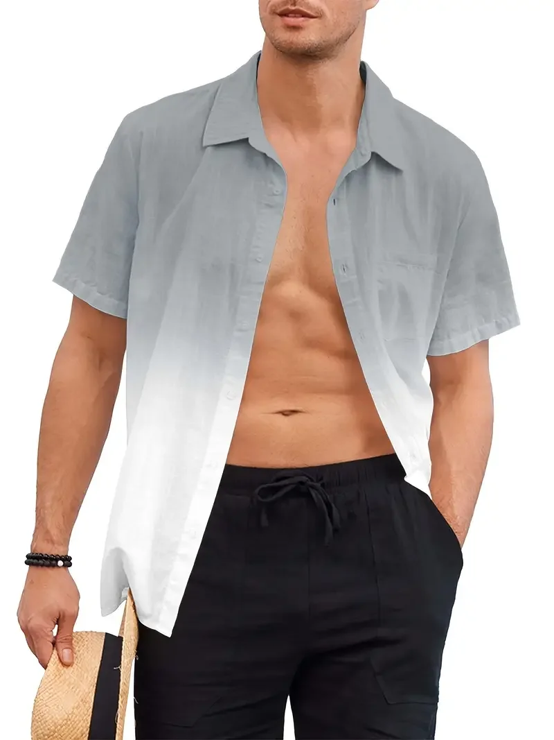 

Men's fashionable new Hawaiian collar pattern shirt with gradient color suitable for summer vacation and casual wear