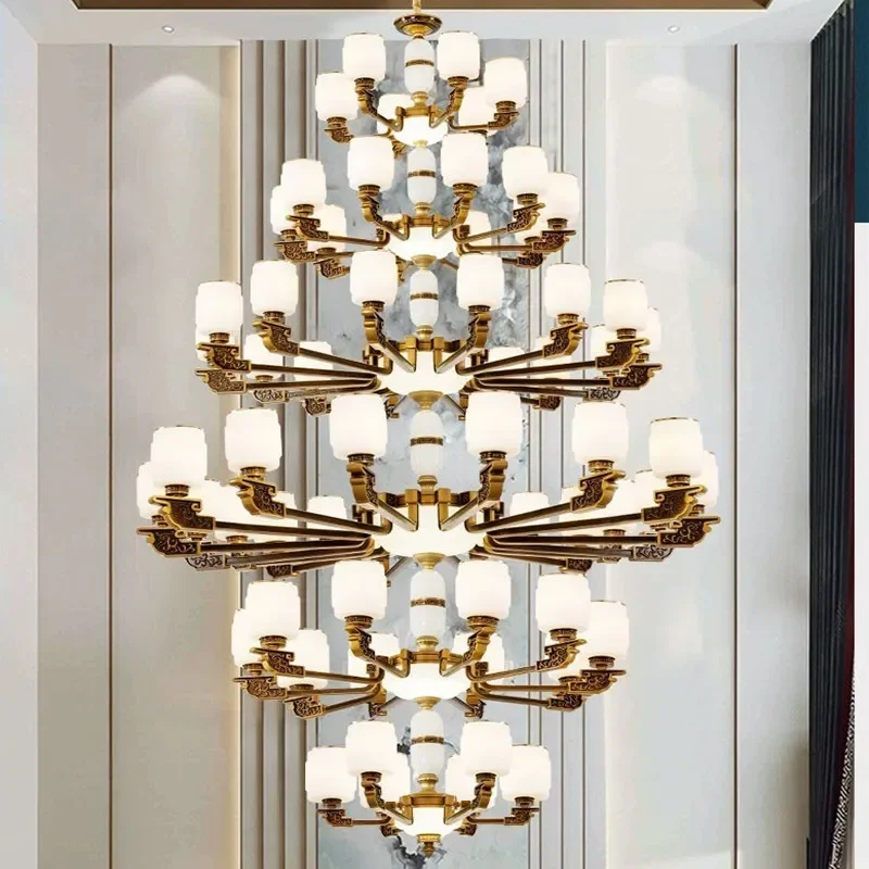 New Chinese Style Chandelier for Modern Living Room Jade Pendant Light for Restaurant Duplex Lobby Staircase Mosquito Proof