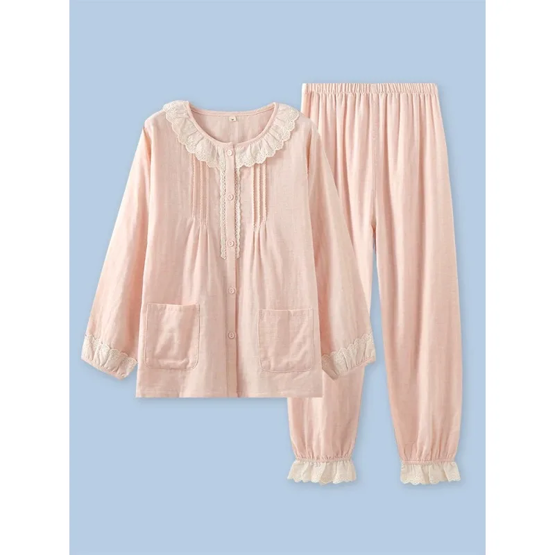 2pcs Women's Pajama Set Sweet Style 100% Cotton Gauze Long Sleeve Crew Neck Button Down Lightweight Elastic Cuff Loungewear For