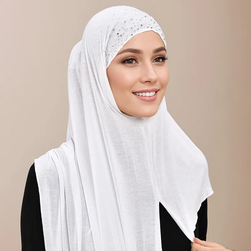 Muslim Rhinestone Cotton Jersey Instant Hijab Scarf For Woman Hijab Plain Shawl Wraps Irregular Ready To Wear Headband Scarves