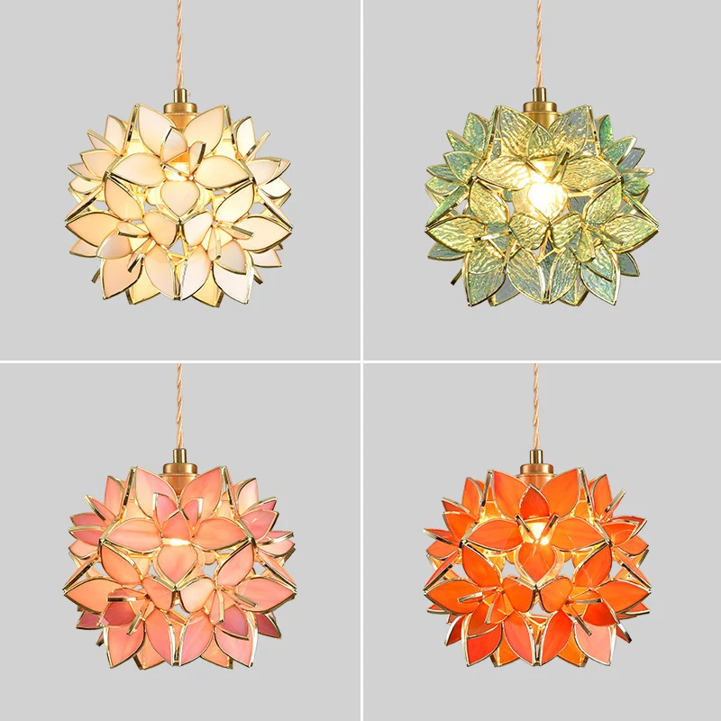 Modern Handmade Flower Stained Chandelier Iron Art Pendant Light for Bedroom Living Dining Room Table Hotel Hanging Lamp Ceiling
