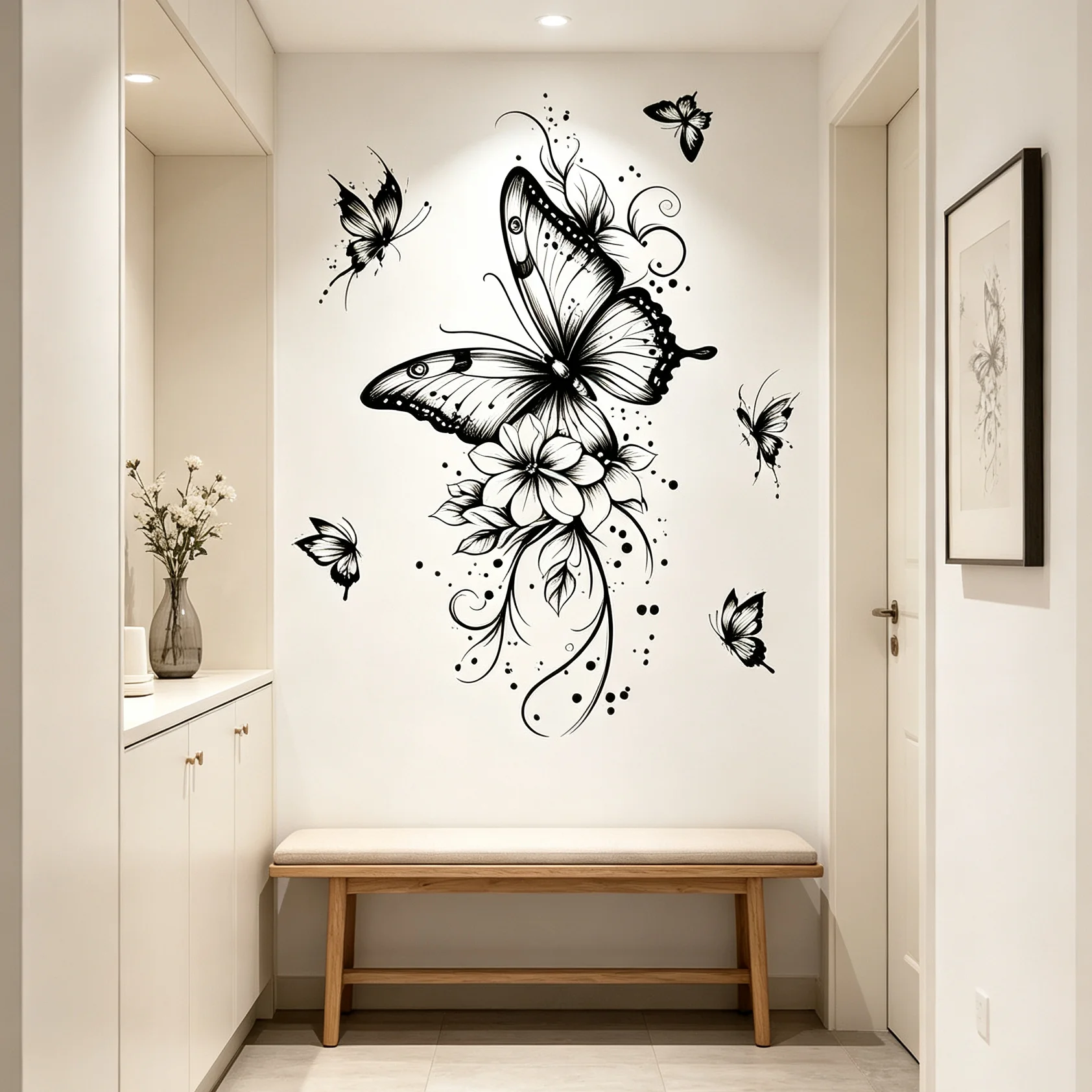 Schwarzer Blumen-Schmetterling Wandaufkleber, Eleganter Skizzen-Blumen-Schmetterling Vinyl-Wandsticker für Schlafzimmer Wohnzimmer Badezimmer