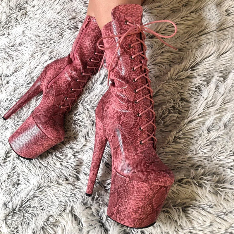 20cm Snake Print Ankle Boots with 8-Inch Platform Super High Heels Sexy Lace-Up Fetish Stripper Pole Dance Shoes Exotic