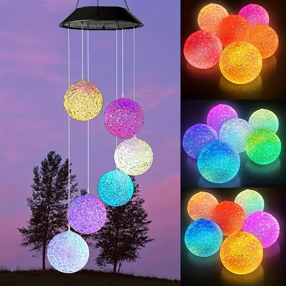 Solar-Powered Color Changing Crystal Ball Wind Chime, Portable Outdoor Light for Patio, Yard, Garden - Plastic Garden Light