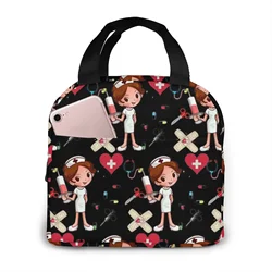 Portable Lunch Bag Cartoon Nurse Pattern Thermal Insulated Lunch Tote Cooler Handbag Bento Pouch Container School Food Bags