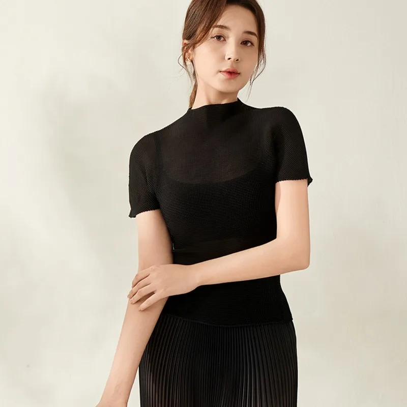 Miyake Pleated 2026 New Summer Casual Short Sleeve Women's T-Shirt Lightweight Slightly Transparent Slim Fit Textured Top Pleat