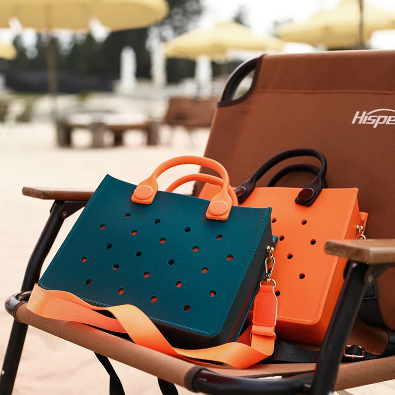 EVA Tote Bag Travel Work Waterproof Beach Bag Women Girls Fashion Shoulder Bag Punched Outdoor Handbag Fit Charms