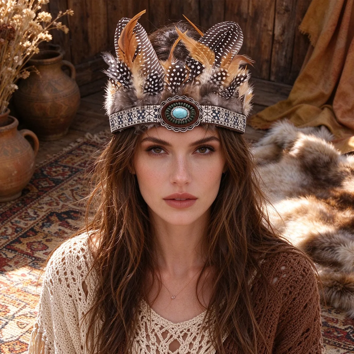 Bohemian Feather Crown Costume Headband For Women Fascinator Accessory Headdress Dance Show Party Carnival Halloween Jewelry
