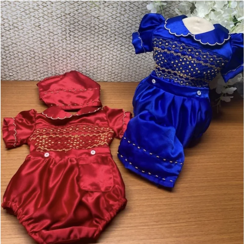 

0-6Y Girl Summer Red Blue Smocked Outfit Suit for Party Birthday Christmas A213