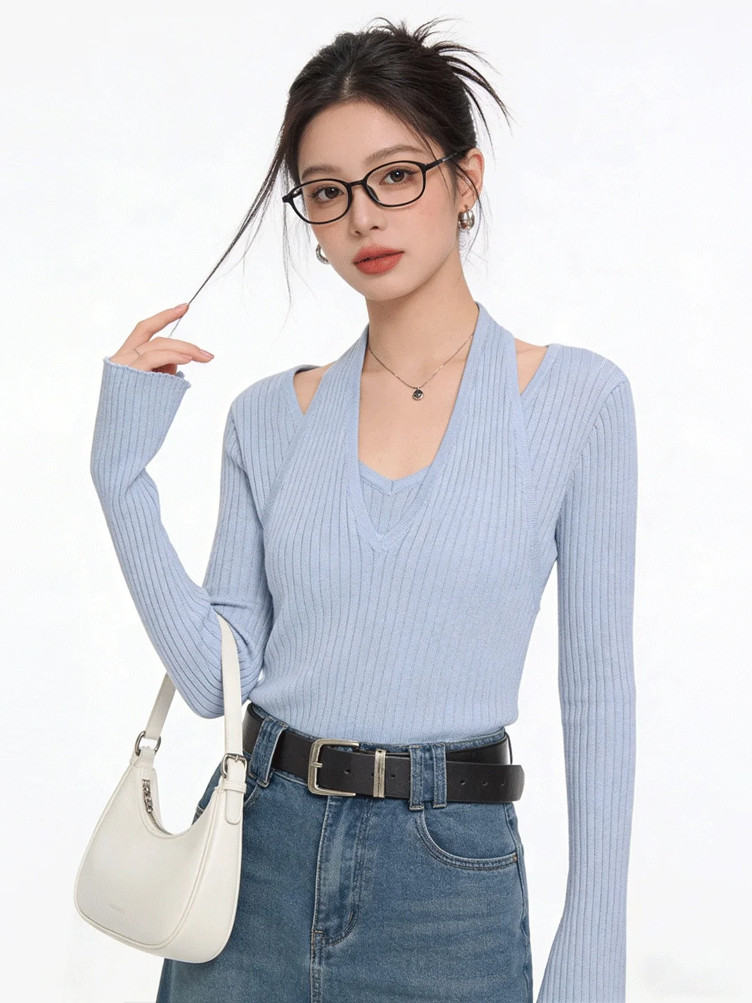 

Slim Fit ort Knit Sweater V Ne Hanging Ne Bell Sve Spicy Girl Early Spring Faionable Two Piece Illusion Slimming Top